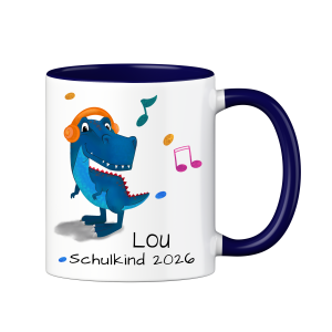 Personalisierte Tasse zur Einschulung mit lustigem Motiv und deinem Namen, Motiv T-Rex, Farbe Blau, Geschenk für Schulkind, Kindergartenkind | LOOXIS