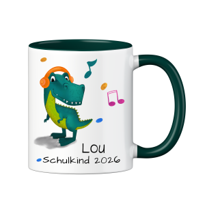 Personalisierte Tasse zur Einschulung mit lustigem Motiv und deinem Namen, Motiv T-Rex, Farbe Grün, Geschenk für Schulkind, Kindergartenkind | LOOXIS