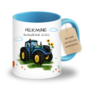 Personalisierte Tasse zur Einschulung mit lustigem Motiv und deinem Namen, Motiv Traktor, Farbe Blau, Geschenk für Schulkind, Kindergartenkind | 