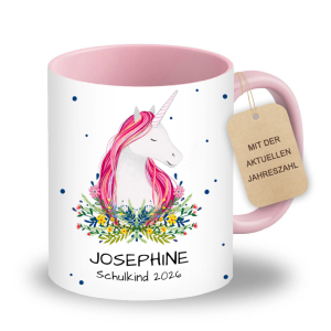 Personalisierte Tasse zur Einschulung mit lustigem Motiv und deinem Namen, Motiv Einhorn, Farbe Rosa, Geschenk für Schulkind, Kindergartenkind | 