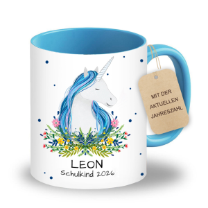 Personalisierte Tasse zur Einschulung mit lustigem Motiv und deinem Namen, Motiv Einhorn, Farbe Blau, Geschenk für Schulkind, Kindergartenkind | 