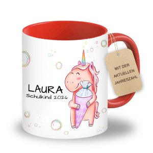 Personalisierte Tasse zur Einschulung mit lustigem Motiv und deinem Namen, Motiv Einhorn mit Schultüte, Farbe Rot, Geschenk für Schulkind, 