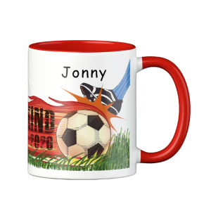 Personalisierte Tasse zur Einschulung mit lustigem Motiv und deinem Namen, Motiv Fußball, Farbe Rot, Geschenk für Schulkind, Kindergartenkind | LOOXIS