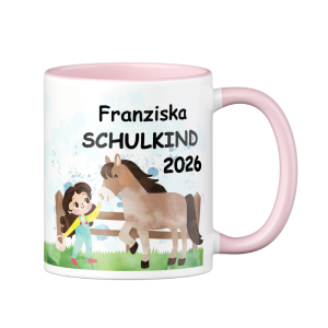 Personalisierte Tasse zur Einschulung mit lustigem Motiv und deinem Namen, Motiv Monster, Farbe Rosa, Geschenk für Schulkind, Kindergartenkind | 
