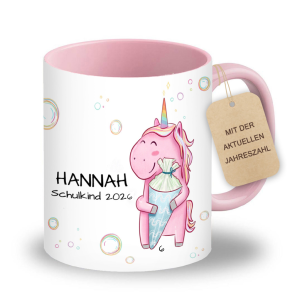 Personalisierte Tasse zur Einschulung mit lustigem Motiv und deinem Namen, Motiv Einhorn mit Schultüte, Farbe Rosa, Geschenk für Schulkind, 