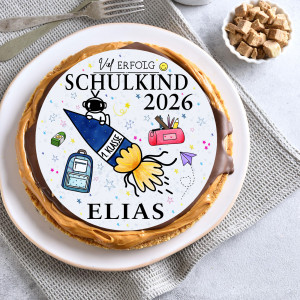 Essbarer Tortenaufleger Einschulung Fot 18cm mit Wunschnamen | Schulkind 2025 Motiv für Kinderkuchen & Motivtorten | LOOXIS