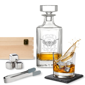 Personalisiertes Whisky-Geschenkset mit Gravur – Flasche, Gläser & Stein-Eiswürfel, Edles Set mit Lasergravur als Geschenk für Männer, Set 1, Motiv 2 