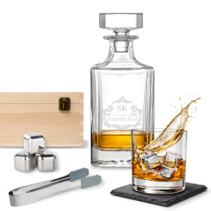 Personalisiertes Whisky-Geschenkset mit Gravur – Flasche, Gläser & Stein-Eiswürfel, Edles Set mit Lasergravur als Geschenk für Männer, Set 1, Motiv 1 