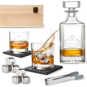 Personalisiertes Whisky-Geschenkset mit Gravur – Flasche, Gläser & Stein-Eiswürfel, Edles Set mit Lasergravur als Geschenk für Männer, Set 2, Motiv 1 