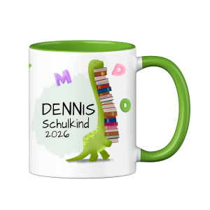 Personalisierte Tasse zur Einschulung mit lustigem Motiv und deinem Namen, Motiv Bücherdino, Farbe Grün, Geschenk für Schulkind, Kindergartenkind | 