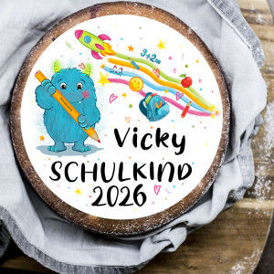 Essbarer Tortenaufleger Einschulung Monster 18cm mit Wunschnamen | Schulkind 2026 Motiv für Kinderkuchen & Motivtorten | LOOXIS