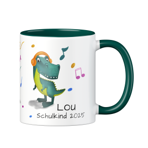 Personalisierte Tasse zur Einschulung mit lustigem Motiv und deinem Namen, Motiv T-Rex, Farbe Grün, Geschenk für Schulkind, Kindergartenkind | LOOXIS