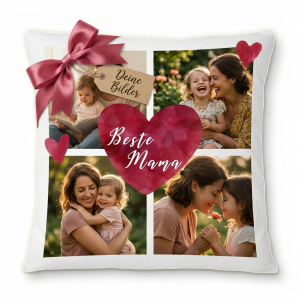 Personalisiertes Fotokissen Muttertag – 4 Fotos & „Beste Mama" Herz-Design – 40x40 cm inkl. Füllung LOOXIS