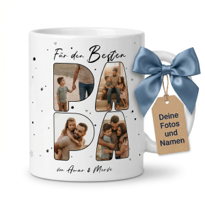 Personalisierte Keramiktasse zum Vatertag – PAPA Schriftzug mit 4 Fotos, Motiv Buchstaben | LOOXIS
