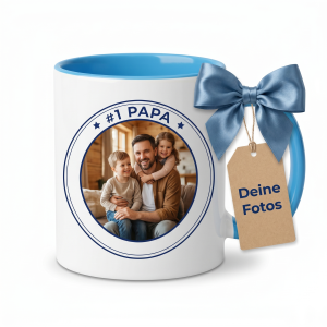Personalisierte Keramiktasse zum Vatertag – Foto mit Siegel-Design & Pokal, Motiv Danke | LOOXIS