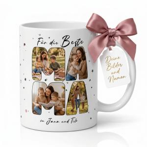 Personalisierte Keramiktasse zum Muttertag – MAMA Schriftzug mit 4 Fotos, Motiv Buchstaben | LOOXIS