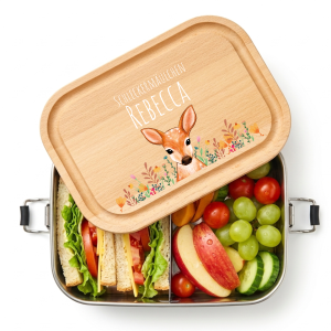 Personalisierte Edelstahl Lunchbox mit Holzdeckel – Mit deinem Namen & Reh Motiv bedruckt, 800ml Fassungsvermögen | LOOXIS