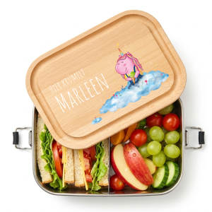 Personalisierte Edelstahl Lunchbox mit Holzdeckel – Mit deinem Namen & Einhorn Motiv bedruckt, 800ml Fassungsvermögen | LOOXIS