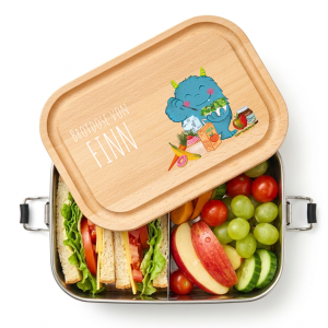 Personalisierte Edelstahl Lunchbox mit Holzdeckel – Mit deinem Namen & Monster Motiv bedruckt, 800ml Fassungsvermögen | LOOXIS