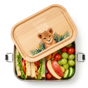 Personalisierte Edelstahl Lunchbox mit Holzdeckel – Mit deinem Namen & Löwe Motiv bedruckt, 800ml Fassungsvermögen | LOOXIS