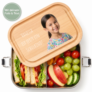 Personalisierte Edelstahl Lunchbox mit Holzdeckel – Mit deinem Foto & Text bedruckt, 800ml Fassungsvermögen | LOOXIS