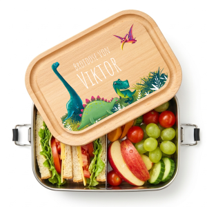 Personalisierte Edelstahl Lunchbox mit Holzdeckel – Mit deinem Namen & Dino Motiv bedruckt, 800ml Fassungsvermögen | LOOXIS