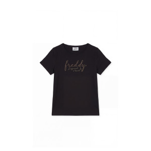 Freddy T-shirt donna girocollo con grafica dorata e fondo stondato Nero Donna Xx Large