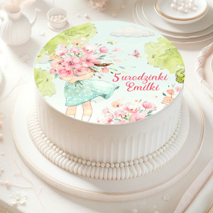 OPŁATEK NA TORT PERSONALIZOWANY DZIEWCZYNKA Z KWIATAMI