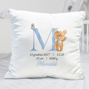 PODUSZKA prezent na narodziny/Chrzest metryczka Z Misiem
