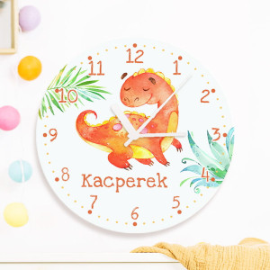 ZEGAR szklany Ścienny Uśmiechnięty Dinozaur PERSONALIZOWNY