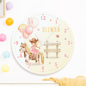 ZEGAR szklany na Ścianę Mała Kowbojka PERSONALIZOWANY
