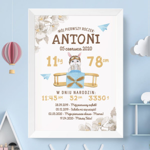 METRYCZKA plakat w ramce dekoracja pokoju dziecka Samolocik A3