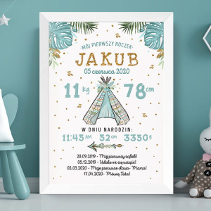 METRYCZKA plakat w ramce dekoracja pokoju dziecka Indiański Wigwam DLA CHŁOPCA A3