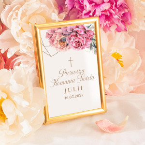 TABLICZKA na stolik I Komunia Św. Sweet Peony (+złota ramka)
