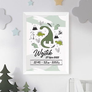 METRYCZKA PLAKAT w ramce prezent na narodziny chłopca Dinozaury