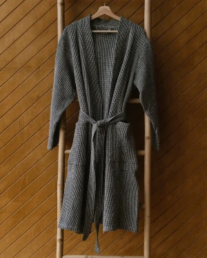 Lniany Szlafrok Wafel Natural Black S/m