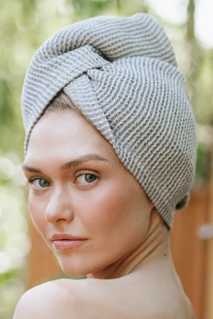 Turban Do Włosów Len Wafel Natural Grey