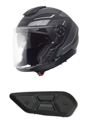 Zestaw: Kask otwarty Schuberth J2 Sigma czarno-szary + dedykowany interkom motocyklowy + Gratisy
