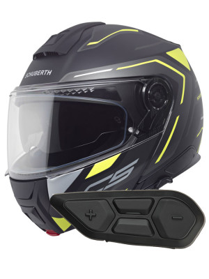 Zestaw: kask szczękowy Schuberth C5 Omega czarno-biało-żółty + dedykowany interkom motocyklowy + Gratisy