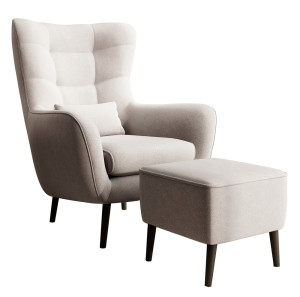 Fotel wypoczynkowy z podnóżkiem uszak Vence kremowy w tkaninie łatwoczyszczącej welur nóżki czarne SELSEY