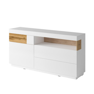 Komoda jednodrzwiowa Galaka z trzema szufladami Biały / Biały połysk / Dąb wotan SELSEY