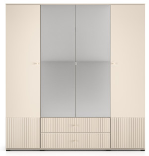 Szafa czterodrzwiowa Caletto 200 cm z dwiema szufladami i lustrem ozdobne lamele beżowa SELSEY