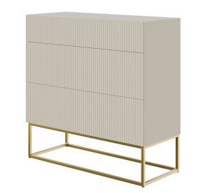 Modna Komoda Veldio  z trzema szufladami 90 cm Szary beż ze złotymi nogami  polski design, super cena, ekspresowa dostawa