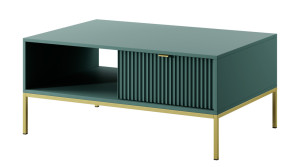 Ława kawowa Vellore 104x68 cm zielona z ryflowanym frontem, złotymi uchwytami i stelażem SELSEY