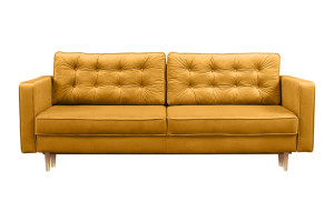 Kanapa rozkładana trzyosobowa Juttic z pojemnikiem musztardowa welwet SELSEY