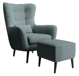 Fotel wypoczynkowy z podnóżkiem uszak Vence stalowy w tkaninie łatwoczyszczącej welur nóżki czarne SELSEY