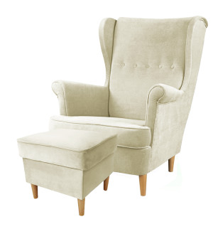 Fotel z podnóżkiem Malmo beżowy w tkaninie Easy Clean na bukowych nóżkach SELSEY