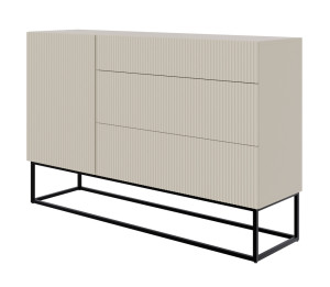 Modna Komoda jednodrzwiowa Veldio  z trzema szufladami 140 cm Szary beż z czarnymi nogami  polski design, super cena, ekspresowa dostawa