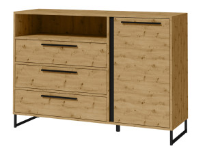 Komoda jednodrzwiowa Abirly 130 cm z trzema szufladami i półką dąb artisan/czarna SELSEY