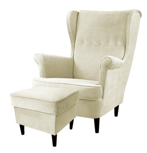 Fotel z podnóżkiem Malmo beżowy w tkaninie Easy Clean na czarnych nóżkach SELSEY